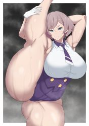 Rule 34 | 1girl, armpit crease, blue eyes, breasts, corset, gloves, gluteal fold, gridman universe, highres, huge breasts, large breasts, light brown hair, mujina, necktie, oryutoo, plump, purple corset, purple shorts, shirt, short hair, short shorts, shorts, sleeveless, sleeveless shirt, solo, ssss.dynazenon, standing, standing on one leg, steaming body, striped necktie, sweat, thick thighs, thighs, white gloves