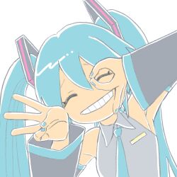 Rule 34 | 1girl, 39, ^ ^, absurdres, arm up, armpits, bashauma kaede, black sleeves, blue hair, blue nails, blue necktie, closed eyes, collared shirt, commentary request, detached sleeves, facing viewer, finger counting, grey shirt, grin, hair ornament, hand up, hatsune miku, highres, leaning to the side, long sleeves, necktie, ok sign, ok sign over eye, raised eyebrows, shirt, sleeveless, sleeveless shirt, smile, solo, twintails, upper body, vocaloid, white background