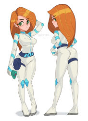 Rule 34 | 1girl, arm up, ass, barleyshake, belt, bodysuit, breasts, closed mouth, commentary, disney, english commentary, full body, green eyes, highres, kim possible (series), kim possible, long hair, medium breasts, multiple views, official alternate costume, orange hair, standing, thigh strap, white background, white bodysuit