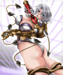 Rule 34 | 1041 (toshikazu), 1girl, ass, blue eyes, breasts, cleavage, elbow gloves, eyes visible through hair, from behind, from below, gloves, hair over one eye, huge breasts, isabella valentine, looking at viewer, looking back, short hair, solo, soul calibur, soulcalibur iii, standing, sword, weapon, whip, whip sword, white hair