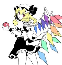 Rule 34 | 1girl, :d, apple, ascot, blonde hair, flandre scarlet, food, frilled skirt, frills, fruit, hat, isaki (gomi), looking at viewer, looking back, mob cap, open mouth, puffy short sleeves, puffy sleeves, red eyes, short hair, short sleeves, side ponytail, skirt, smile, touhou, vest, wings