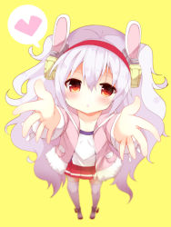 Rule 34 | 1girl, :o, animal ears, azur lane, blush, brown eyes, camisole, collarbone, commentary request, foreshortening, full body, fuuna thise, hair between eyes, hair ornament, hairband, heart, jacket, laffey (azur lane), long hair, long sleeves, looking at viewer, open clothes, open jacket, outstretched arms, parted lips, pink jacket, pleated skirt, rabbit ears, red hairband, red skirt, silver hair, simple background, skirt, solo, spoken heart, standing, thighhighs, twintails, very long hair, white camisole, white thighhighs, yellow background
