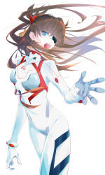 Rule 34 | 1girl, absurdres, artist request, blue eyes, breasts, brown hair, evangelion: 3.0+1.0 thrice upon a time, eyepatch, fangs, highres, long hair, looking at viewer, neon genesis evangelion, open mouth, plugsuit, rebuild of evangelion, small breasts, solo, souryuu asuka langley, twintails, upper body, white background, wind