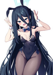 Rule 34 | 1girl, absurdly long hair, absurdres, animal ears, aris (blue archive), black bow, black bowtie, black hair, black leotard, black pantyhose, blue archive, blue eyes, bow, bowtie, breasts, commentary request, detached collar, halo, highres, korean commentary, leotard, long hair, metaljelly, one side up, pantyhose, playboy bunny, rabbit ears, rabbit pose, ringed eyes, simple background, small breasts, solo, strapless, strapless leotard, very long hair, white background, wrist cuffs