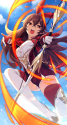 Rule 34 | 1girl, absurdres, aiming, amber (100% outrider) (genshin impact), amber (genshin impact), blue sky, bow (weapon), crossbow, day, fire, full body, genshin impact, gloves, hair ribbon, highres, holding, holding weapon, jacket, long hair, onimoti, open clothes, open jacket, open mouth, orange eyes, red jacket, red ribbon, resolution mismatch, ribbon, shorts, sky, solo, source smaller, thighhighs, weapon, yellow eyes
