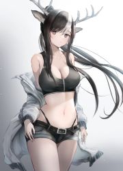 Rule 34 | 1girl, animal ears, antlers, arms at sides, bare shoulders, belt, bikini, bikini under clothes, black belt, black hair, black shorts, black sports bra, breasts, cleavage, closed mouth, commission, cowboy shot, deer antlers, deer ears, deer girl, floating hair, grey background, grey eyes, highres, horns, jacket, large breasts, long hair, looking at viewer, masai no senshi, multicolored hair, navel, off shoulder, original, ponytail, short shorts, shorts, skeb commission, solo, sports bra, stomach, swimsuit, thighs, two-tone hair, white hair, white jacket