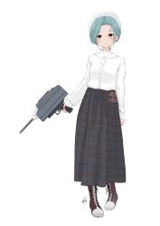 Rule 34 | 1girl, adapted turret, beret, black skirt, boots, cannon, cross-laced footwear, forehead, full body, grey hair, hat, highres, kantai collection, lace-up boots, long skirt, neve (morris-minicooper), plaid, plaid skirt, pleated skirt, shirt, short hair, simple background, skirt, solo, standing, swept bangs, tamanami (kancolle), turret, white background, white hat, white shirt, yellow eyes