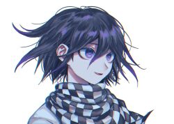 Rule 34 | 1boy, :d, black hair, checkered clothes, checkered scarf, danganronpa (series), danganronpa v3: killing harmony, esu (tasoesu), hair between eyes, highres, looking at viewer, male focus, open mouth, oma kokichi, pale skin, portrait, purple eyes, scarf, short hair, simple background, smile, solo, upper body, white background