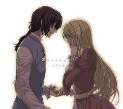 Rule 34 | 00s, 1boy, 1girl, baccano!, blonde hair, brown hair, closed eyes, copyright name, couple, dress, hair ornament, hair ribbon, hand on another&#039;s face, hand on own face, hetero, holding hands, huey laforet, long hair, monica campanella, oto nagi, ponytail, ribbon, simple background, tears, vest, yellow eyes