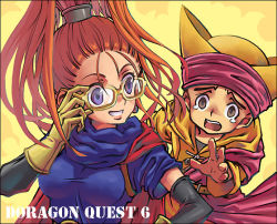 Rule 34 | 1boy, 1girl, barbara (dq6), bespectacled, cape, chamoro, dragon quest, dragon quest vi, elbow gloves, forehead, glasses, gloves, hat, high ponytail, long hair, open mouth, pokapamazu, ponytail, purple eyes, red hair, smile, tears