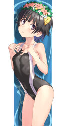 Rule 34 | 1girl, arched back, armpits, artist name, bare shoulders, black hair, black one-piece swimsuit, blue background, blunt bangs, blush, border, breasts, brown eyes, closed mouth, collarbone, commentary, competition swimsuit, cowboy shot, drop shadow, expressionless, flower, from side, hair flower, hair ornament, hands on own chest, head tilt, head wreath, light blush, looking at viewer, looking to the side, one-piece swimsuit, outside border, pillarboxed, pink flower, raika9, school swimsuit, short hair, signature, small breasts, solo, standing, swimsuit, toaru kagaku no railgun, toaru majutsu no index, tokiwadai school swimsuit, twitter username, two-tone swimsuit, uiharu kazari, very short hair, water, white border, white flower, white one-piece swimsuit, yellow flower
