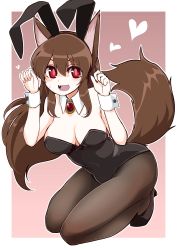 Rule 34 | 1girl, alternate costume, animal ears, azumaya toushirou, bad id, bad pixiv id, bare shoulders, black footwear, black hairband, black leotard, breasts, brooch, brown background, brown pantyhose, cleavage, detached collar, fake animal ears, fang, hairband, hands up, heart, highres, imaizumi kagerou, jewelry, kneeling, leotard, looking at viewer, medium breasts, open mouth, pantyhose, playboy bunny, rabbit ears, shoes, smile, solo, tail, touhou, wolf ears, wolf tail, wrist cuffs