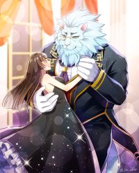 Rule 34 | 1boy, 1girl, alternate costume, animal ears, bare shoulders, beard, black dress, black hair, black suit, blush, breasts, dancing, dress, eye contact, facial hair, formal, furry, furry male, furry with non-furry, green eyes, interspecies, jin akhr, lion boy, lion ears, long hair, looking at another, protagonist 2 (housamo), muscular, muscular male, size difference, smile, snow (housamo), suit, tokyo houkago summoners, white fur, white hair