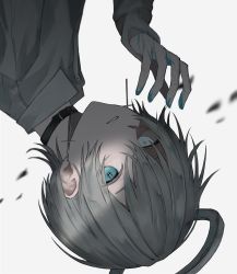 Rule 34 | 1boy, aqua eyes, black choker, blood, blood on hands, blue blood, blue eyes, blurry, blurry background, bright pupils, choker, colored blood, cross, cross-shaped pupils, cross earrings, earrings, grey background, grey hair, hair between eyes, halo, heterochromia, highres, jewelry, light blue eyes, looking at viewer, male focus, original, ozx x0, parted lips, simple background, solo, symbol-shaped pupils, upper body, upside-down, white pupils