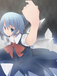 Rule 34 | 1girl, bad id, bad pixiv id, blue hair, blush, bow, cirno, dress, embodiment of scarlet devil, female focus, foreshortening, gradient background, hair bow, highres, ice, kuroi mizore, short hair, solo, touhou, wings