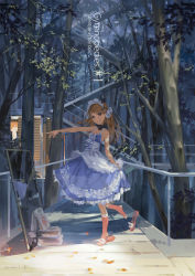 Rule 34 | 1girl, bare shoulders, blue dress, book, brown hair, building, dress, english text, engrish text, grin, gymnopedies, highres, hjl, house, leg up, letterboxed, long hair, looking at viewer, maid headdress, mirror, original, outdoors, outstretched arm, petals, plant, railing, ranguage, sandals, shoes, single shoe, sleeveless, sleeveless dress, smile, solo, standing, standing on one leg, sundress, sunlight, teeth, toeless legwear, tree