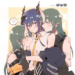 Rule 34 | 3girls, anger vein, arknights, armband, black gloves, black jacket, black shirt, blue hair, blush, breasts, ch&#039;en (arknights), closed mouth, collared shirt, commentary, detached sleeves, dragon horns, dress shirt, dual persona, facial scar, fingerless gloves, gloves, green eyes, green hair, hair between eyes, hand on another&#039;s head, highres, horns, hoshiguma (arknights), hoshiguma (ronin huntress) (arknights), jacket, kyou 039, long hair, medium breasts, midriff, multiple girls, navel, necktie, off shoulder, official alternate costume, open clothes, open jacket, orange background, red eyes, scar, scar on cheek, scar on face, shirt, simple background, single horn, skin-covered horns, sleeveless, sleeveless shirt, sparkle, spoken anger vein, sweatdrop, tongue, tongue out, turtleneck, upper body, white shirt, wing collar, yellow neckwear, yuri