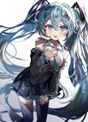 Rule 34 | 1girl, 39, absurdres, bare shoulders, black skirt, black thighhighs, blue eyes, blue hair, collared shirt, detached sleeves, hair between eyes, hair ornament, hatsune miku, highres, imamiya pinoko, long hair, long sleeves, looking at viewer, microphone, open mouth, pleated skirt, shirt, simple background, skirt, smile, solo, thighhighs, twintails, very long hair, vocaloid, white background