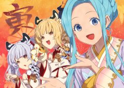 Rule 34 | 3girls, animal ears, animal hands, bai (granblue fantasy), beads, blonde hair, blue eyes, blue hair, claw pose, detached sleeves, dress, fangs, gloves, granblue fantasy, grey hair, hair beads, hair ornament, huang (granblue fantasy), japanese clothes, kimono, long hair, looking at viewer, lyria (granblue fantasy), mifuta, multiple girls, open mouth, orange eyes, parted bangs, paw gloves, sidelocks, sleeveless, sleeveless dress, smile, tiger ears, turtleneck, turtleneck dress, twintails, upper body