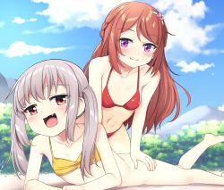 Rule 34 | 2girls, alice sawyer, bikini, blush, bottomless, breasts, brown hair, fang, flat chest, grey hair, hand on another&#039;s ass, indie virtual youtuber, kuroi togami, looking at viewer, lying, multiple girls, nina saotome, on stomach, open mouth, purple eyes, red bikini, red eyes, small breasts, swimsuit, virtual youtuber, yuri