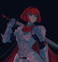 Rule 34 | 1girl, armor, black eyes, black eyeshadow, black hairband, bob cut, cape, expressionless, eyeshadow, glitter, gloves, hairband, highres, knight, makeup, megadeus mommy, r dorothy wayneright, red cape, red hair, short hair, solo, sparkle, sword, the big o, weapon