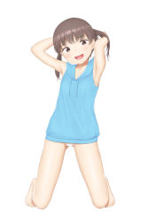 Rule 34 | 1girl, absurdres, arms up, barefoot, blue shirt, brown hair, full body, highres, hood, hoodie, kneeling, original, sc naru, shirt, short twintails, simple background, sleeveless, sleeveless shirt, solo, swimsuit, swimsuit under clothes, twintails, white background