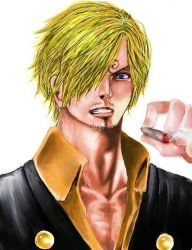Rule 34 | 1boy, beard, blonde hair, blue eyes, cigarette, collar loosening, facial hair, formal, goatee, hair over one eye, jacket, male focus, manly, mustache, one piece, pirate, sanji (one piece), shirt, smoking, solo, suit, white background, yellow shirt