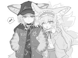 2girls akanbe animal_ears arknights arm_hug blush closed_mouth clothes_writing commentary_request cross drawstring ears_through_headwear eighth_note eyelid_pull frilled_hairband frills greek_cross greyscale hairband hands_in_pockets hat hood hood_down hooded_jacket jacket long_hair long_sleeves looking_at_viewer mofuutacrmnlna monochrome multiple_girls musical_note neck_ribbon official_alternate_costume one_eye_closed ribbon short_hair simple_background smile spoken_musical_note sussurro_(arknights) sussurro_(travel_freely)_(arknights) suzuran_(arknights) suzuran_(spring_praise)_(arknights) tongue tongue_out white_background