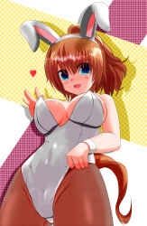 Rule 34 | 1girl, animal ears, bare shoulders, black pantyhose, blue eyes, breasts, brown hair, cleavage, commentary request, covered navel, ear covers, fake animal ears, gluteal fold, highleg, highres, horse ears, horse girl, horse tail, large breasts, leotard, medium hair, multicolored background, nontraditional miko, pantyhose, ponytail, smile, solo, strapless, strapless leotard, taiki shuttle (umamusume), tail, tkka, umamusume, underboob, white leotard, wrist cuffs