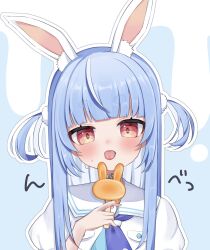 Rule 34 | 1girl, alternate hairstyle, animal ear fluff, animal ears, blue hair, blue neckerchief, blush, choker, colored inner hair, dress, extra ears, food, highres, holding, holding food, holding popsicle, hololive, hot, ice cream, licking, long hair, looking at viewer, multicolored hair, neckerchief, official alternate costume, open mouth, popsicle, puffy short sleeves, puffy sleeves, rabbit-shaped pupils, rabbit ears, red eyes, sailor collar, sailor dress, short eyebrows, short sleeves, sidelocks, solo, straight hair, sweat, symbol-shaped pupils, thick eyebrows, tongue, tongue out, two-tone hair, two side up, uchuu aruku, upper body, usada pekora, usada pekora (casual), very sweaty, virtual youtuber, white choker, white dress, white hair, white sailor collar
