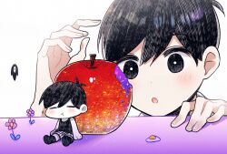 2boys apple black_eyes black_hair black_socks black_tank_top blush bright_pupils closed_eyes closed_mouth colored_skin flower food fried_egg fruit highres male_focus mini_person miniboy multiple_boys omori omori_(omori) open_mouth short_hair shorts simple_background sitting socks something_(omori) sunny_(omori) tank_top white_background white_pupils white_shorts white_skin yutsu