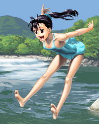 Rule 34 | 1girl, barefoot, black hair, blurry, breasts, brown eyes, casual one-piece swimsuit, depth of field, feet, francine (daijaemon), happy, jumping, long hair, long legs, nature, one-piece swimsuit, original, outdoors, ponytail, scrunchie, small breasts, smile, solo, swimsuit