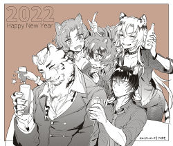 Rule 34 | 2022, 2boys, 3girls, :d, animal ear fluff, animal ears, arknights, artist name, blush, border, bottle, bow, bowtie, breasts, broca (arknights), brown background, can, chinese zodiac, choker, cleavage, closed eyes, closed mouth, collarbone, collared shirt, cup, dated, fingernails, furry, glasses, grin, hair between eyes, happy new year, holding, holding bottle, holding can, holding cup, index finger raised, indra (arknights), jacket, jewelry, leaning forward, long sleeves, medium breasts, mountain (arknights), multiple boys, multiple girls, necklace, necktie, new year, open clothes, open jacket, open mouth, outside border, pants, parted bangs, parted lips, partially colored, ring, scar, scar across eye, scar on face, scar on nose, sharp fingernails, shirt, short hair, short sleeves, simple background, sleeves past wrists, smile, star (symbol), sweater, swire (arknights), tail, tiger boy, tiger ears, tiger girl, tiger tail, upper body, v-shaped eyebrows, waai fu (arknights), white border, wristband, year of the tiger, zuncro gb