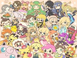 Rule 34 | 6+girls, animal crossing, animal ears, armor, bare shoulders, bayonetta (series), bayonetta 2, bell, bike shorts, black hair, black shorts, blonde hair, blue cape, blue eyes, blush, blush stickers, breasts, brown hair, candy, cape, closed eyes, clothed pokemon, corrin (female) (fire emblem), corrin (fire emblem), cosplay pikachu, creatures (company), crossover, crown, dog, dog ears, dog girl, dog tail, dress, earrings, fangs, fire emblem, fire emblem awakening, fire emblem fates, flower earrings, food, furry, furry female, game freak, gen 1 pokemon, gen 2 pokemon, gloves, green eyes, green hair, hair ornament, hair over one eye, hairband, hat, ink tank (splatoon), inkling, inkling girl, inkling player character, isabelle (animal crossing), jewelry, jigglypuff, kid icarus, leaf (pokemon), long hair, long sleeves, lucina (fire emblem), luma (mario), mario (series), mask, metroid, mole, multiple crossover, multiple girls, nintendo, one eye closed, open mouth, paint splatter, palutena, pichu, pikachu, pikachu libre, pointy ears, poke ball, poke ball (basic), pokemon, pokemon (creature), pokemon frlg, ponytail, porkpie hat, princess daisy, princess peach, princess zelda, red skirt, ribbon, robin (female) (fire emblem), robin (fire emblem), rosalina, samus aran, shirt, shoes, short hair, shorts, sidelocks, simple background, single vertical stripe, skirt, smile, sneakers, splatoon (series), splatoon 1, splatoon 2, splattershot (splatoon), squid, squidbeak splatoon, super mario bros. 3, super mario galaxy, super mario land, super smash bros., t-shirt, tail, tentacle hair, the legend of zelda, the legend of zelda: a link between worlds, tiara, topknot, twintails, villager (animal crossing), wand, weapon, wendy o. koopa, white hair, wii fit, wii fit trainer, wii fit trainer (female), wristband, yoshishi (yosisitoho), zero suit