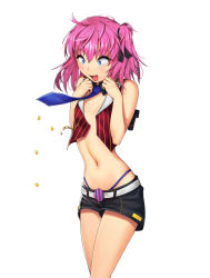 Rule 34 | 1girl, :d, aaa, bad id, bad pixiv id, blue eyes, closers, flat chest, midriff, navel, necktie, open clothes, open fly, open mouth, open shirt, pink hair, popped button, seulbi lee, shirt, short hair, shorts, smile, solo, unzipped, wardrobe malfunction, white background