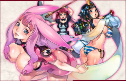 Rule 34 | 3girls, airi (queen&#039;s blade), airi (queen's blade), airi (the infernal temptress), ancient princess menace, animal ears, ass, bare shoulders, bikini, black hair, black legwear, blue eyes, blunt bangs, blush, breasts, breasts out, butt crack, cleavage, f.s., grabbing, grabbing another&#039;s breast, green eyes, heart, jewelry, large breasts, long hair, melona (queen&#039;s blade), melona (queen's blade), menace (queen&#039;s blade), menace (queen's blade), multiple girls, o-ring, o-ring bikini, o-ring bottom, open mouth, panties, parted lips, pink hair, protean assassin melona, queen&#039;s blade, rabbit ears, red hair, revealing clothes, see-through, sideboob, skirt, smile, striped clothes, striped panties, swimsuit, thighhighs, thighs, twintails, underwear, very long hair, weapon