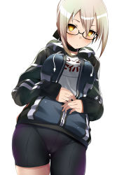 Rule 34 | 1girl, artoria pendragon (all), artoria pendragon (fate), bike shorts, black-framed eyewear, blonde hair, blush, breasts, closed mouth, cowboy shot, fate/grand order, fate (series), glasses, gym uniform, hair between eyes, hands on own stomach, highres, hood, hooded track jacket, jacket, looking at viewer, medium breasts, mysterious heroine x alter (fate), mysterious heroine x alter (second ascension) (fate), name tag, partially unzipped, platinum blonde hair, saber (fate), semi-rimless eyewear, shimejinameko, shirt, sidelocks, simple background, solo, thighs, track jacket, under-rim eyewear, white background, white shirt, yellow eyes