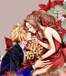 Rule 34 | 1boy, 1girl, aerith gainsborough, aerith gainsborough (red dress), blonde hair, blue eyes, bouquet, bow, bowtie, bracelet, brown hair, closed eyes, cloud strife, curly hair, dress, final fantasy, final fantasy vii, final fantasy vii remake, flower, formal, hair between eyes, hair ornament, hetero, highres, jewelry, leaves, lily (flower), long hair, parted bangs, red bow, red bowtie, red dress, spiked hair, square enix, suit, tuxedo, wall market, wavy hair, yco 030601, yellow flower