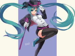 Rule 34 | 1girl, adapted costume, adjusting clothes, adjusting headwear, aqua eyes, aqua hair, black thighhighs, breasts, cane, dress shirt, fkey, gloves, hat, hatsune miku, high heels, jacket, light smile, magician, miracle paint (vocaloid), project diva, project diva (series), shirt, shoes, shorts, solo, thighhighs, top hat, twintails, vocaloid, white gloves