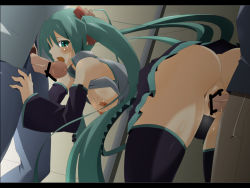 Rule 34 | 1girl, 2boys, anus, ass, bar censor, bent over, blush, boots, bottomless, breasts, censored, clothed sex, crying, crying with eyes open, detached sleeves, doggystyle, fellatio, green eyes, green hair, group sex, hatsune miku, hetero, leg grab, long hair, male pubic hair, medium breasts, multiple boys, multiple penises, necktie, nipples, open clothes, open shirt, oral, penis, pubic hair, rape, sex, sex from behind, shin&#039;ya (nanp), shirt, skirt, solo focus, spitroast, standing, tears, thigh boots, thighhighs, twintails, vaginal, very long hair, vocaloid, zettai ryouiki