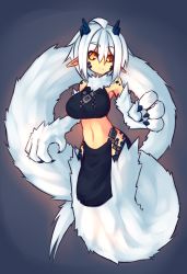 Rule 34 | 1girl, animal hands, bare shoulders, black sclera, breasts, claws, colored sclera, eyebrows, fur, highres, horns, lamia, large breasts, midriff, monster girl, navel, orange eyes, original, pelvic curtain, pointy ears, scales, shenti (sub-res), short hair, solo, sub-res, white hair