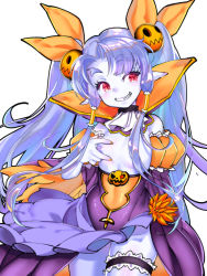 Rule 34 | 1girl, bad id, bad pixiv id, bow, breasts, detached collar, dmiaomiao, eden (sennen sensou aigis), hair ornament, hair tubes, jack-o&#039;-lantern, long hair, long sleeves, looking at viewer, orange bow, pale skin, pointy ears, puffy long sleeves, puffy sleeves, red eyes, sennen sensou aigis, sidelocks, simple background, small breasts, smile, solo, standing, thick eyebrows, thigh strap, twintails, vampire, white background, wide sleeves