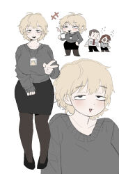 +++ 1boy 2girls :d antenna_hair black_eyes black_footwear black_pants black_skirt blonde_hair blush breasts brown_eyes brown_hair brown_pantyhose chibi chibi_inset coffee_mug collarbone commentary_request cup flying_sweatdrops full_body grey_shirt grey_sweater half-closed_eyes hand_on_own_hip highres holding holding_cup id_card ki_chanae_(kms2605) kms2605 korean_commentary lanyard large_breasts long_sleeves looking_at_viewer mug multiple_girls multiple_views open_mouth original pants pantyhose pencil_skirt sanpaku sharp_teeth shirt short_hair simple_background skirt sleeves_past_wrists smile standing steaming_cup sweater teeth upper_body v v-shaped_eyebrows white_background white_shirt