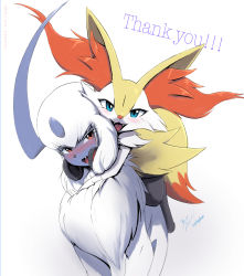 Rule 34 | 1girl, :3, absol, absurdres, alternate eye color, animal ear fluff, animal ears, animal nose, artist name, black fur, blue eyes, blush, body fur, braixen, creatures (company), dated, english text, eryz, fangs, female focus, fluffy, fox ears, fox girl, fox tail, furry, furry female, game freak, gen 3 pokemon, gen 6 pokemon, happy, head tilt, headphones, headphones around neck, highres, hug, looking at another, looking at viewer, looking to the side, nintendo, nose blush, open mouth, pokemon, pokemon (creature), riding, riding pokemon, short hair, signature, simple background, smile, standing, straddling, tail, thank you, twitter username, watermark, white background, white fur, white hair, yellow fur