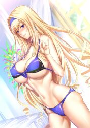 Rule 34 | 1girl, bed, bikini, bikini top lift, blonde hair, blue eyes, bow, breasts, cecilia alcott, cleavage, clothes lift, drill hair, hair bow, infinite stratos, large breasts, legs, long hair, looking at viewer, navel, pink lips, seductive smile, smile, swimsuit, thighs, very long hair, zucchini