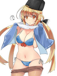 Rule 34 | 1girl, ?, bikini, black bow, black hat, blue bikini, blue shawl, bow, breasts, brown eyes, brown hair, brown pantyhose, covered erect nipples, cowboy shot, fur hat, hair bow, hat, highres, kantai collection, large breasts, long hair, low twintails, pantyhose, papakha, ribbon trim, scarf, shawl, side-tie bikini bottom, simple background, solo, swimsuit, takase muh, tashkent (kancolle), torn clothes, torn scarf, twintails, undressing, white background, white scarf