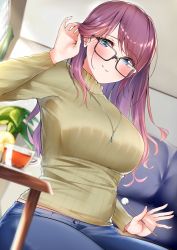 Rule 34 | 1girl, black-framed eyewear, blue eyes, blue pants, blush, breasts, brown sweater, come hither, cup, curtains, glasses, highres, indoors, jewelry, kagamihara sakura, lap pillow invitation, large breasts, len (hand linke), long hair, long sleeves, looking at viewer, mimikaki, necklace, pants, purple hair, ribbed sweater, sitting, smile, solo, sweater, swept bangs, taut sweater, tea, tucking hair, window, yurucamp