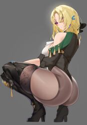 Rule 34 | 1girl, absurdres, anji lanuo, ass, bare shoulders, black footwear, black leotard, blonde hair, blush, boots, breasts, brown pantyhose, closed mouth, cocolia rand, from side, full body, grey background, hair ornament, heart, heart-shaped pupils, high heels, highres, honkai: star rail, honkai (series), huge ass, large breasts, leotard, long sleeves, mature female, pantyhose, purple eyes, simple background, skindentation, solo, squatting, symbol-shaped pupils, thick thighs, thigh boots, thighhighs, thighhighs under boots, thighs