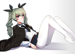 Rule 34 | 10s, 1girl, absurdres, anchovy (girls und panzer), arm support, black cape, black necktie, blush, bow, brown eyes, cape, drill hair, eyebrows, from side, girls und panzer, gradient background, green hair, hair bow, highres, long hair, looking at viewer, lying, miniskirt, necktie, no shoes, on back, pantyhose, red eyes, school uniform, shadow, skirt, solo, twin drills, white background, white pantyhose, ze (wzfnn001)