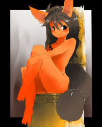 Rule 34 | 1girl, animal ears, animal hands, ass, barefoot, black hair, blush, feet, female focus, full body, furry, furry female, fuyuno mikan, gradient background, nude, red eyes, smile, solo, throne, toes